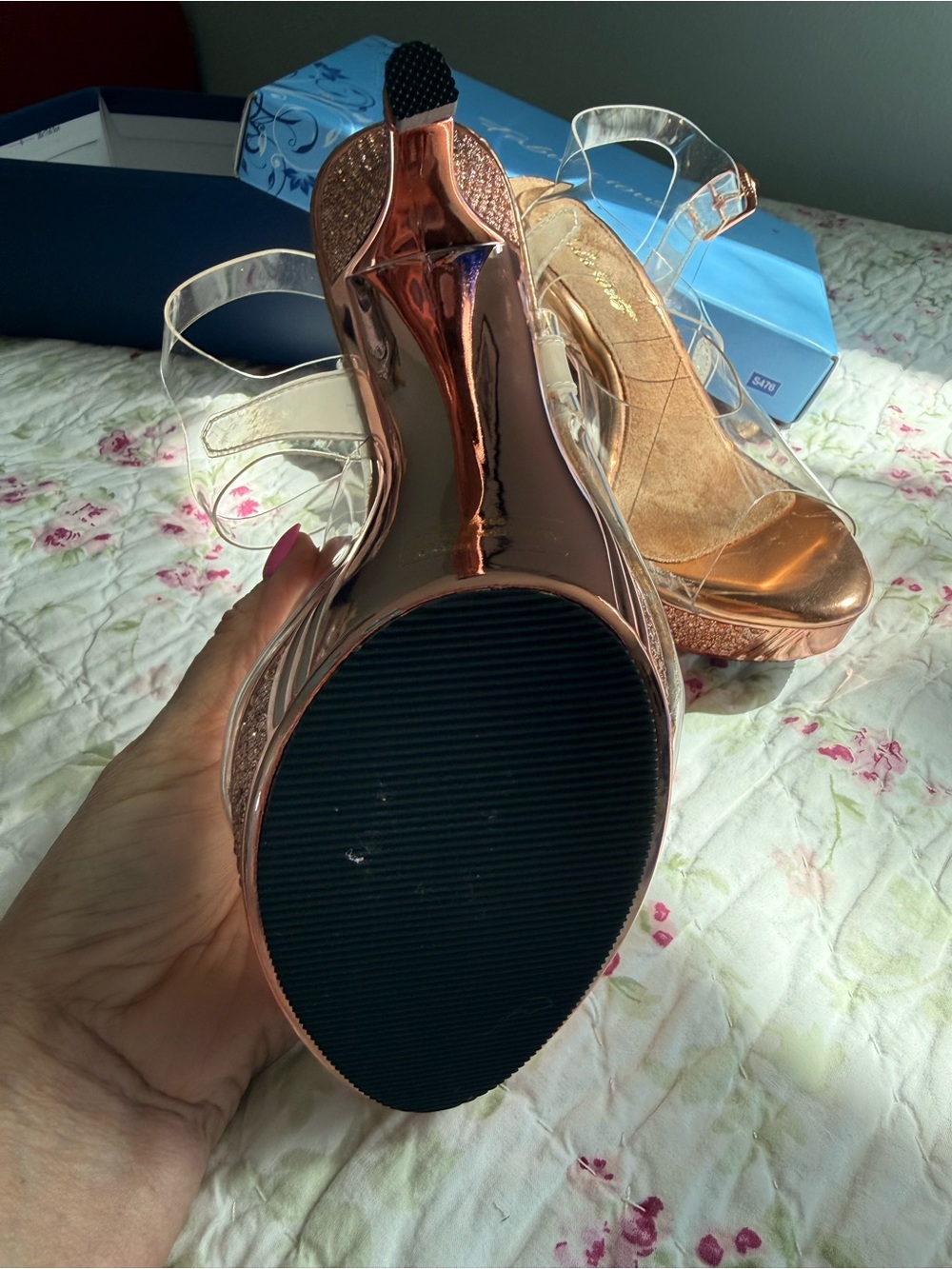 Rose Gold Platform Heels with Clear Straps - Picture 4 of 8